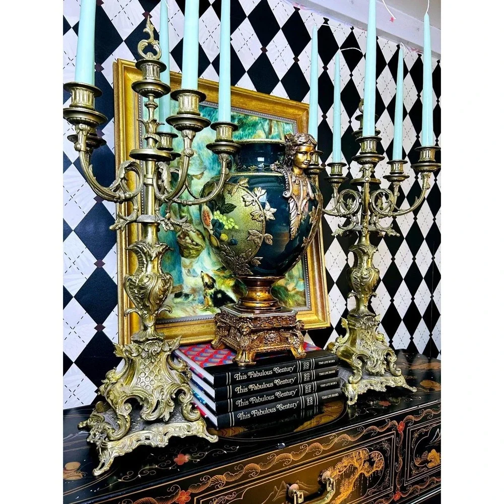 Grand-sized‎ Brass Rococo Candelabra Pair 28in Baroque 6 Arm Candle Holders